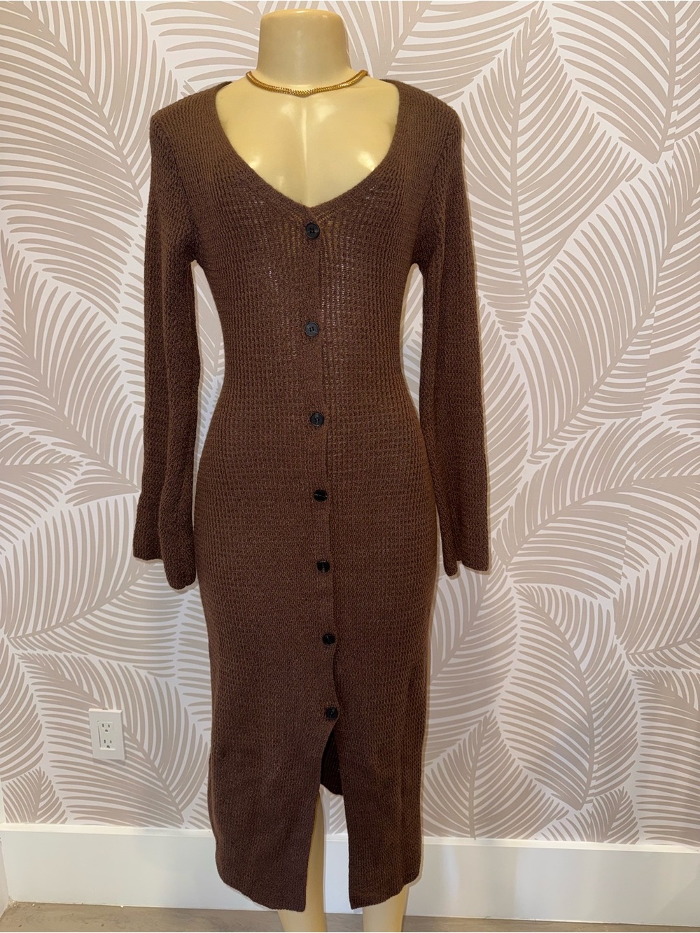 Brown Button-Front Knit Midi Dress